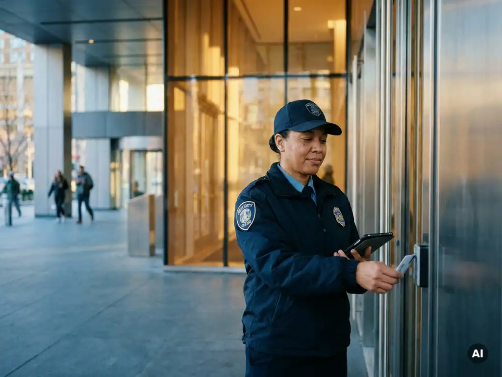 Beveiliger in uniform controleert toegangsbewijs bij ingang van modern glazen gebouw in warm ochtendlicht.