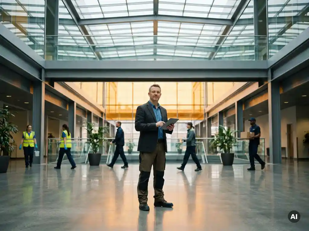 Facilitair manager in uniform in moderne bedrijfsatrium, omringd door schoonmakers en technici op glanzende betonvloer.
