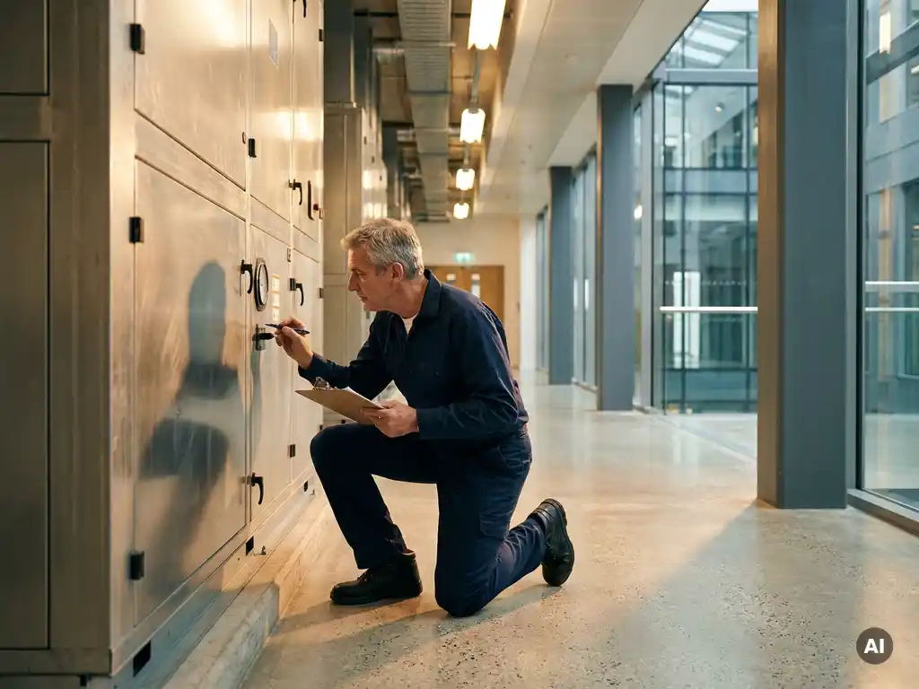 Facilitair manager inspecteert industriële HVAC-installatie met klembord in moderne gebouwcorridor met gouden verlichting.
