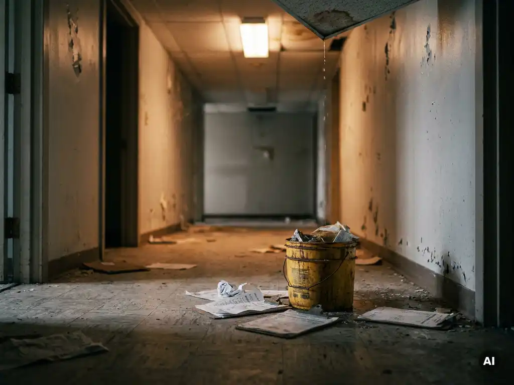 Verwaarloosd institutioneel gangpad met lekkend plafond, overlopende emmer en verlaten werkorders op stoffige vloer onder flikkerende lamp.